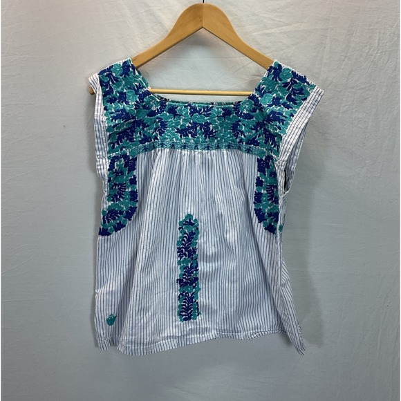 J Marie Tops - J Marie Blue Striped Embroidered Floral Top Sleeveless Size L Cotton Boho